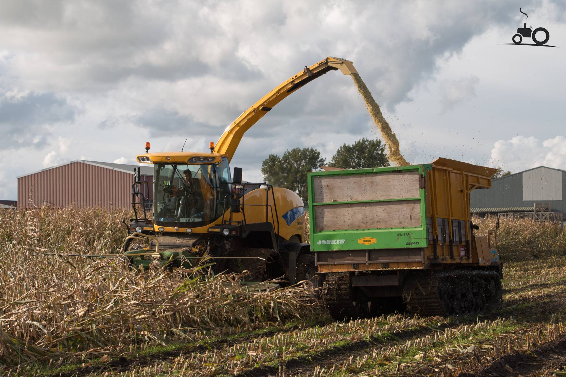 Loonbedrijf Brak aan het stormschade mais hakselen met hun New Holland FR9060 hakselaar op rups...